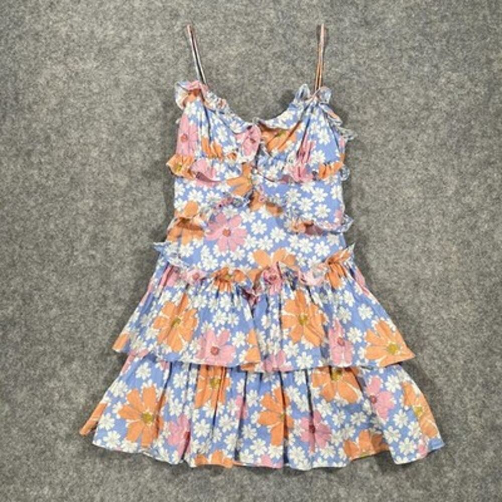 SABO Dress Womens S Blue Floral Linen Cotton Cami Tiered Ruffle Sundress Mini